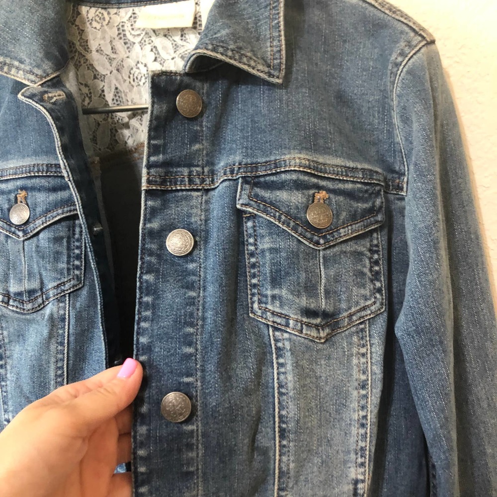 Chico's Blue Denim Jean Jacket with Lace Yoke - Picture 3 of 10